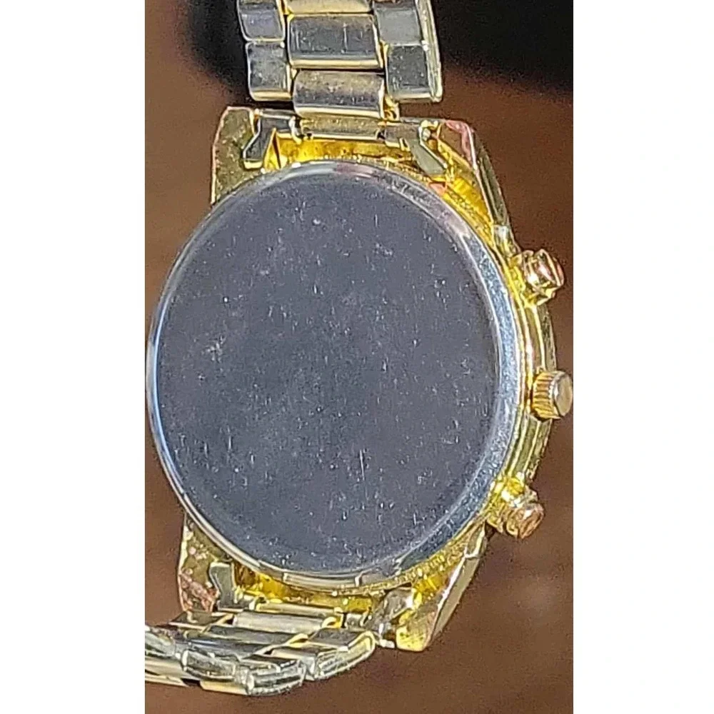 Geneva Gold Tone Rhinestone Bezel Faux‎ Chrono Quartz Analog Women's Wrist Watch